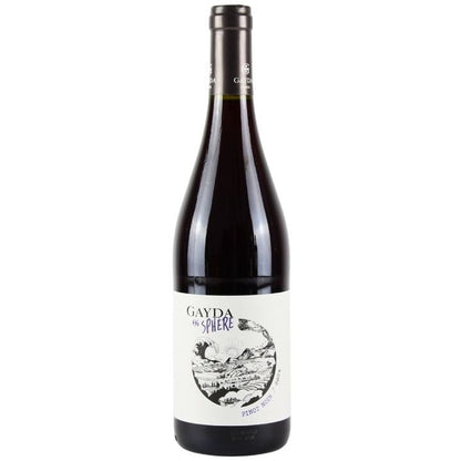 Bottle of Domaine Gayda Sphere Pinot Noir 2024 wine with a white label featuring a black illustration of a person and nature elements.