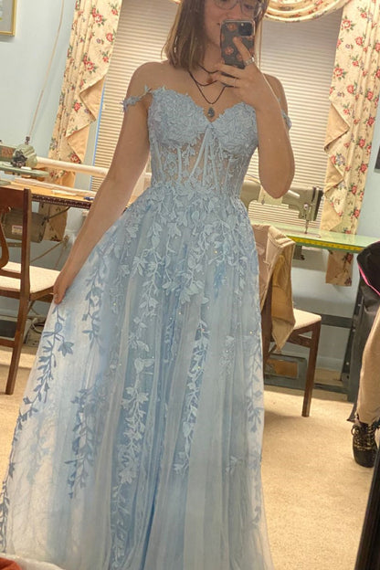 Navy Blue Lace Appliques A-line Long Formal Gown