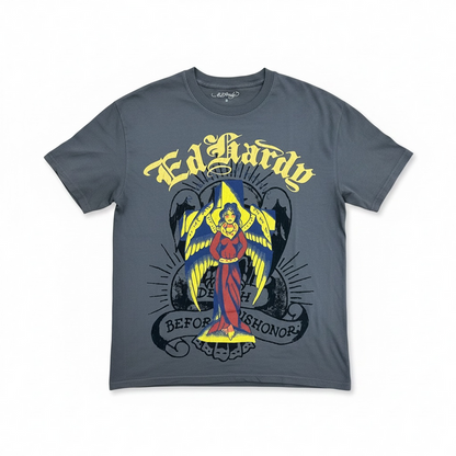 Ed Hardy Wing Cross T-shirt in sunfade grey, featuring bold graphic artwork on soft cotton fabric.