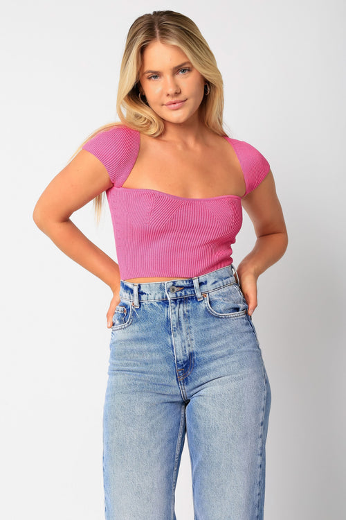 Emma Fuchsia Cap Sleeve Sweater Crop Top
