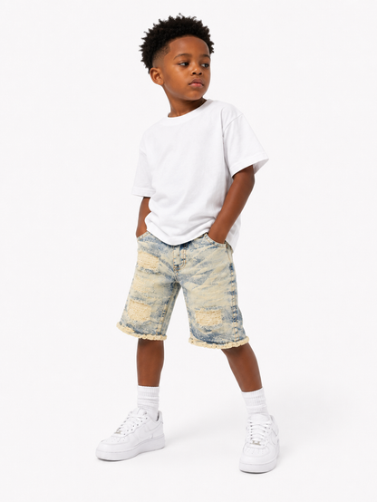 Evolution Kids Wild Tiger denim shorts for kids in ice tint, featuring a tiger graphic design and casual denim style.