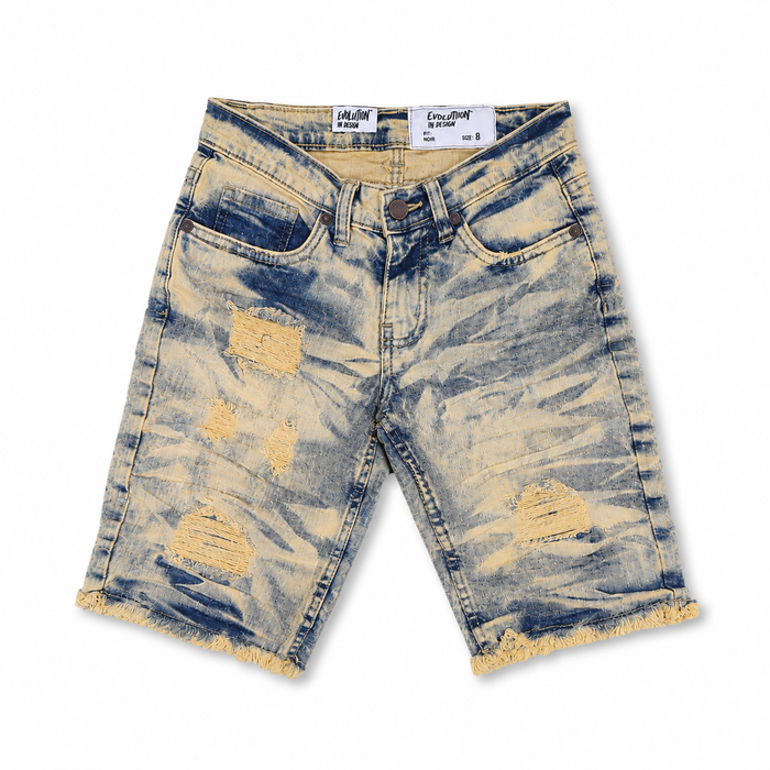 Evolution Kids Wild Tiger denim shorts for kids in ice tint, featuring a tiger graphic and casual fit.