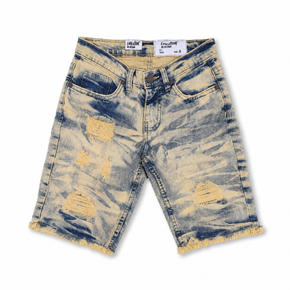 Evolution Kids Wild Tiger denim shorts for kids in ice tint, featuring a tiger graphic and casual fit.
