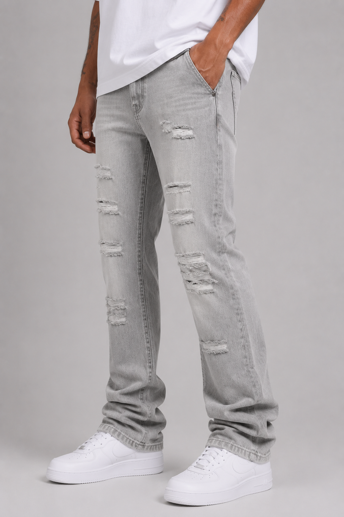 Evolution 'Relaxed Straight' Grey Denim jeans, casual fit, front view showcasing the relaxed straight style and stitching details.