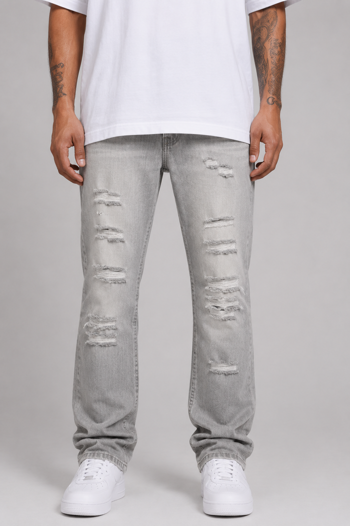 Gray Evolution 'Relaxed Straight' denim jeans, casual fit, with visible stitching and front pockets, showcasing the relaxed straight style.