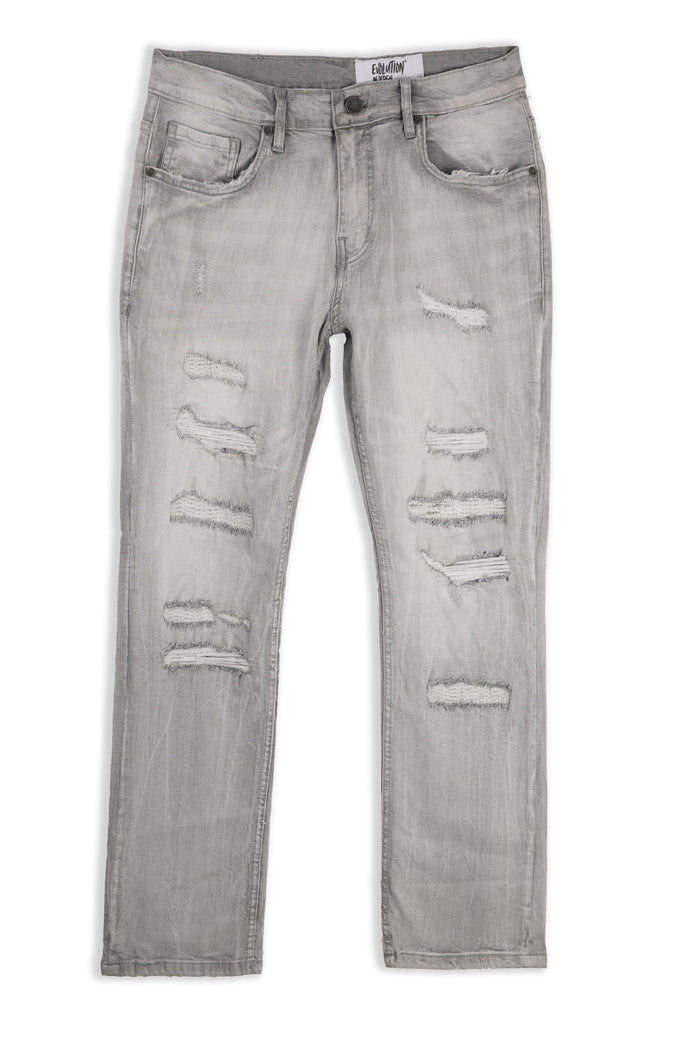Grey Evolution Relaxed Straight Denim jeans, EV-330486, displayed on a hanger with visible stitching and fabric texture.