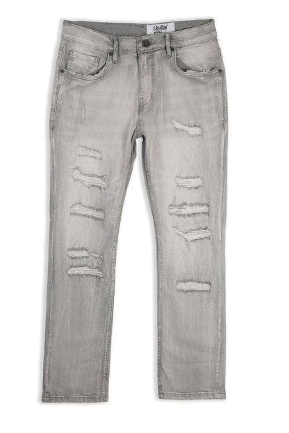 Grey Evolution Relaxed Straight Denim jeans, EV-330486, displayed on a hanger with visible stitching and fabric texture.