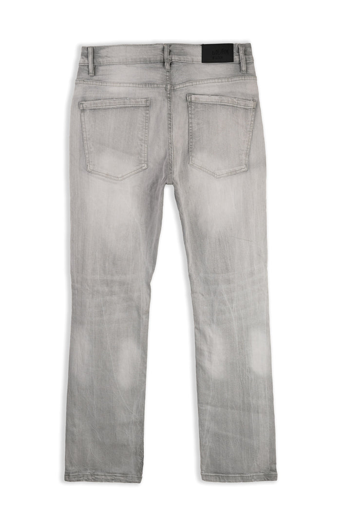 Evolution Relaxed Straight Grey Denim jeans with classic five-pocket design, displayed on a hanger.