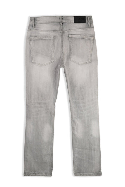 Evolution Relaxed Straight Grey Denim jeans with classic five-pocket design, displayed on a hanger.