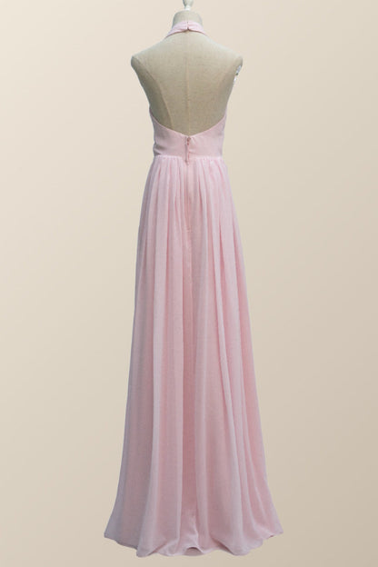 Halter Pink Chiffon A-line Long Bridesmaid Dress
