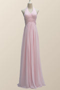 Halter Pink Chiffon A-line Long Bridesmaid Dress