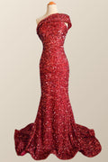 One Shoulder Wine Red Sequin Mermaid Party Dress