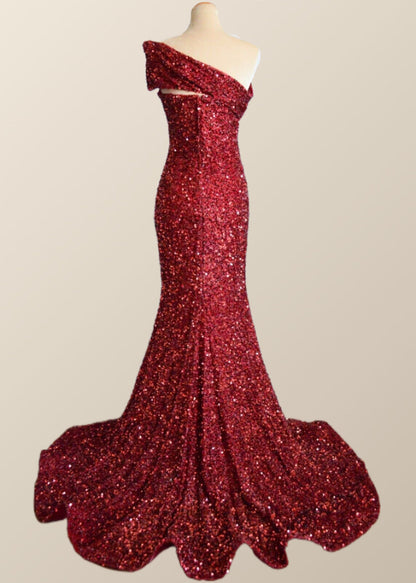 One Shoulder Wine Red Sequin Mermaid Party Dress