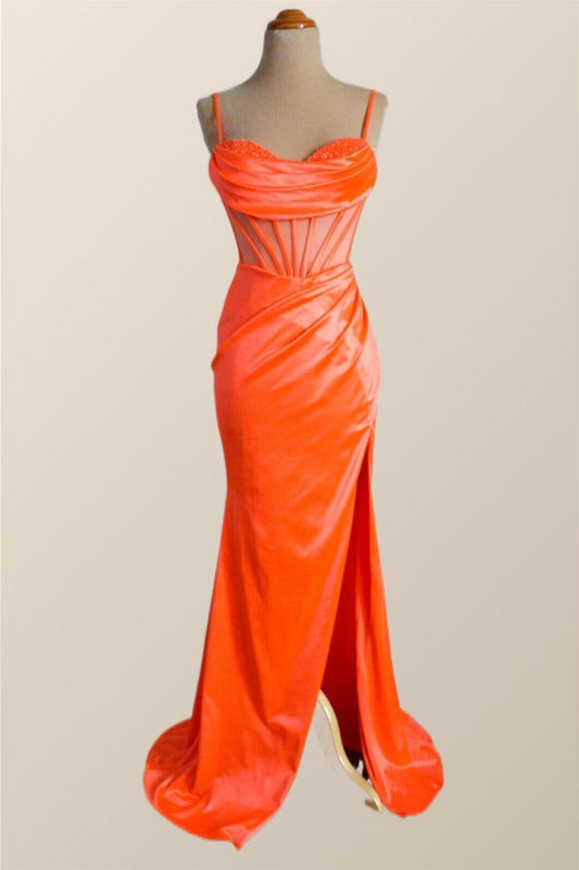 Orange Spaghetti Straps Mermaid Long Formal Dress