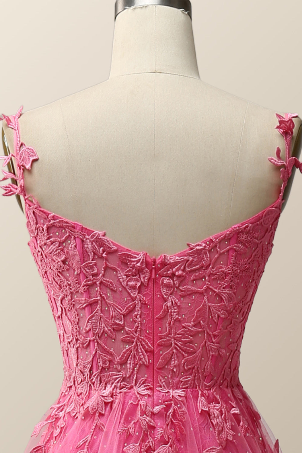 Hot Pink Lace Appliques A-line Long Formal Gown