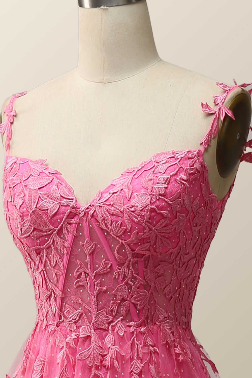 Hot Pink Lace Appliques A-line Long Formal Gown