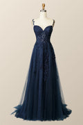 Navy Blue Lace Appliques A-line Long Formal Gown