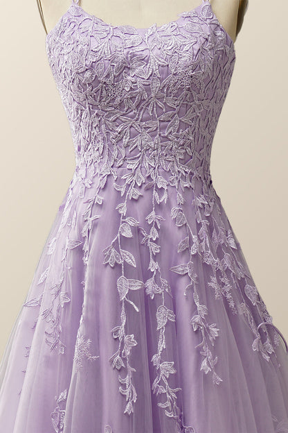 Lavender Lace Appliques A-line Long Formal Dress