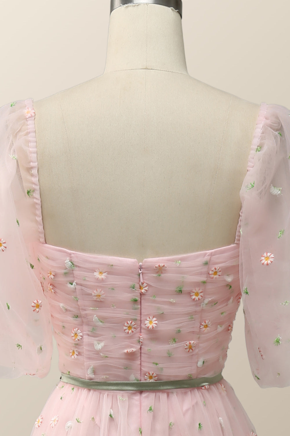 Pink Floral Embroidered Dress with Half Puffy Sleeves