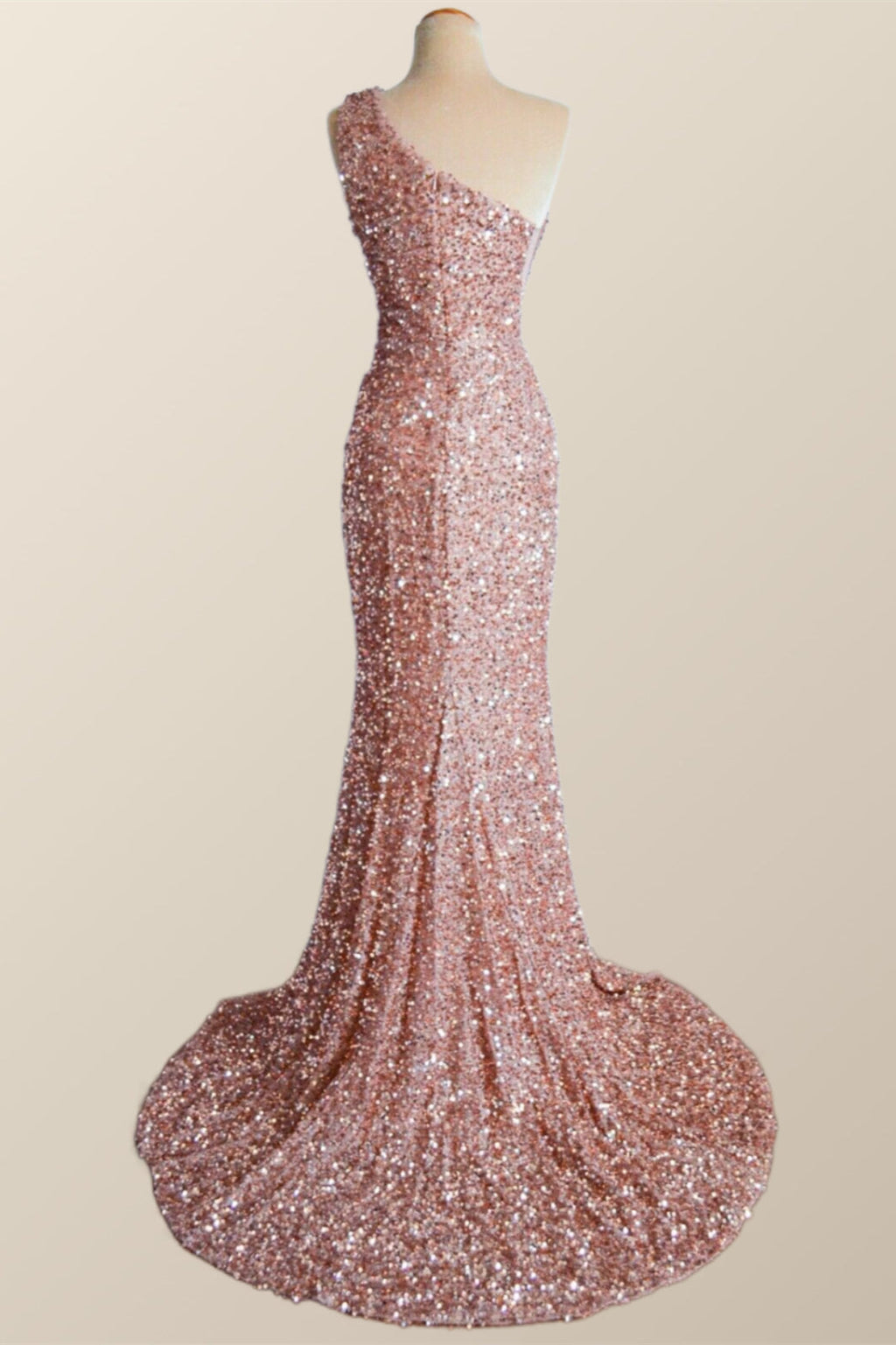 One Shoulder Rose Gold Sequin Mermaid Long Party Dress