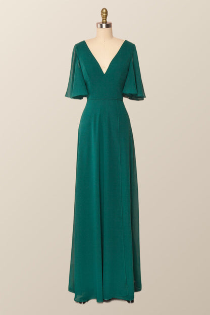 Flare Sleeves Navy Blue Chiffon Long Bridesmaid Dress