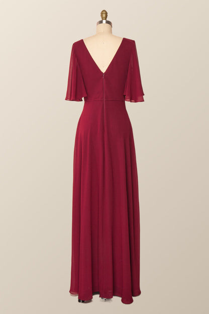 Flare Sleeves Navy Blue Chiffon Long Bridesmaid Dress