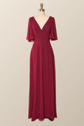 Flare Sleeves Green Chiffon Long Bridesmaid Dress