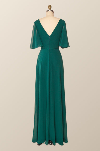 Flare Sleeves Navy Blue Chiffon Long Bridesmaid Dress