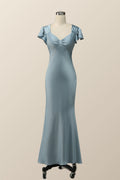 Flare Sleeves Blue Mermaid Long Bridesmaid Dress