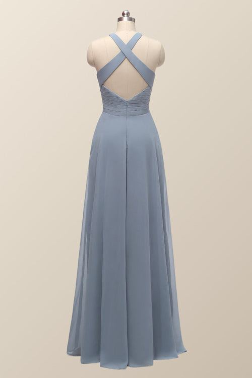 Halter Misty Blue Chiffon A-line Long Bridesmaid Dress