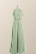 Cold Sleeve Sage Green Blouson Chiffon Long Bridesmaid Dress
