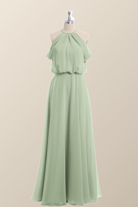 Cold Sleeve Sage Green Blouson Chiffon Long Bridesmaid Dress