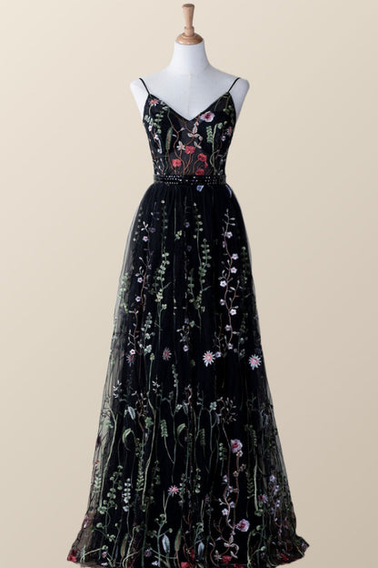 Black Floral V Neck Long Formal Dress