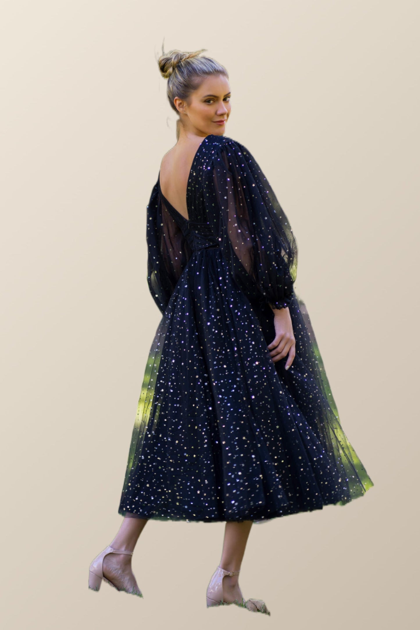 Long Sleeves Black Starry Tulle Midi Dress