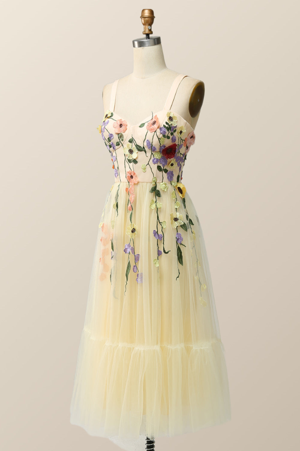 Champagne Tulle and Floral Embroidery Tea Length Gown