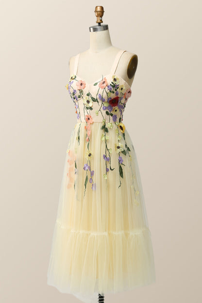 Champagne Tulle and Floral Embroidery Tea Length Gown