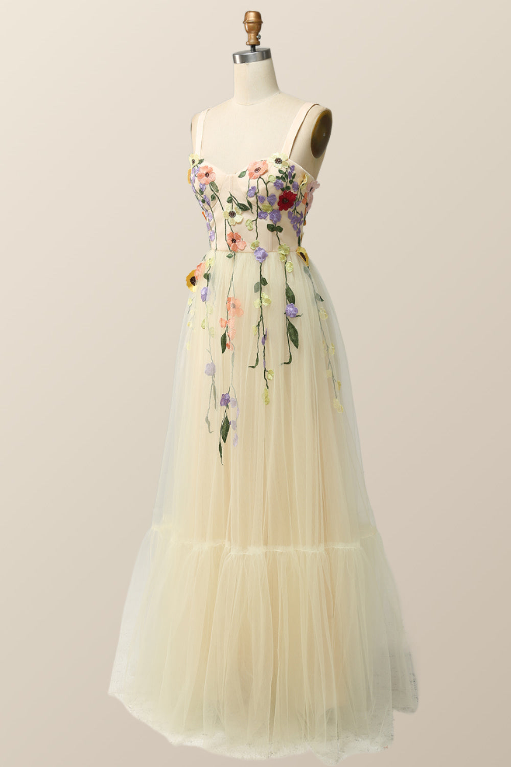 Champagne Tulle and Floral Embroidery Formal Gown
