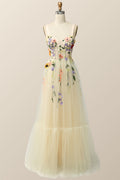 Champagne Tulle and Floral Embroidery Formal Gown
