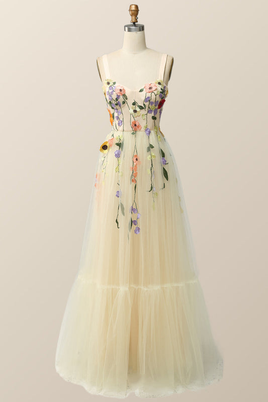 Champagne Tulle and Floral Embroidery Formal Gown