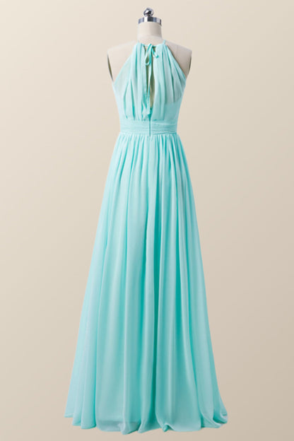 Halter Blue Chiffon Long Bridesmaid Dress