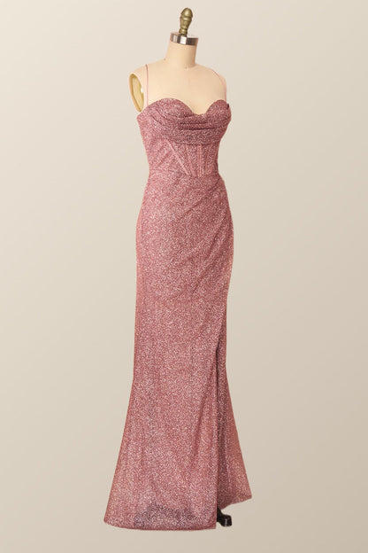 Fitted Red Cowl Neck Long Party Dress with Slit