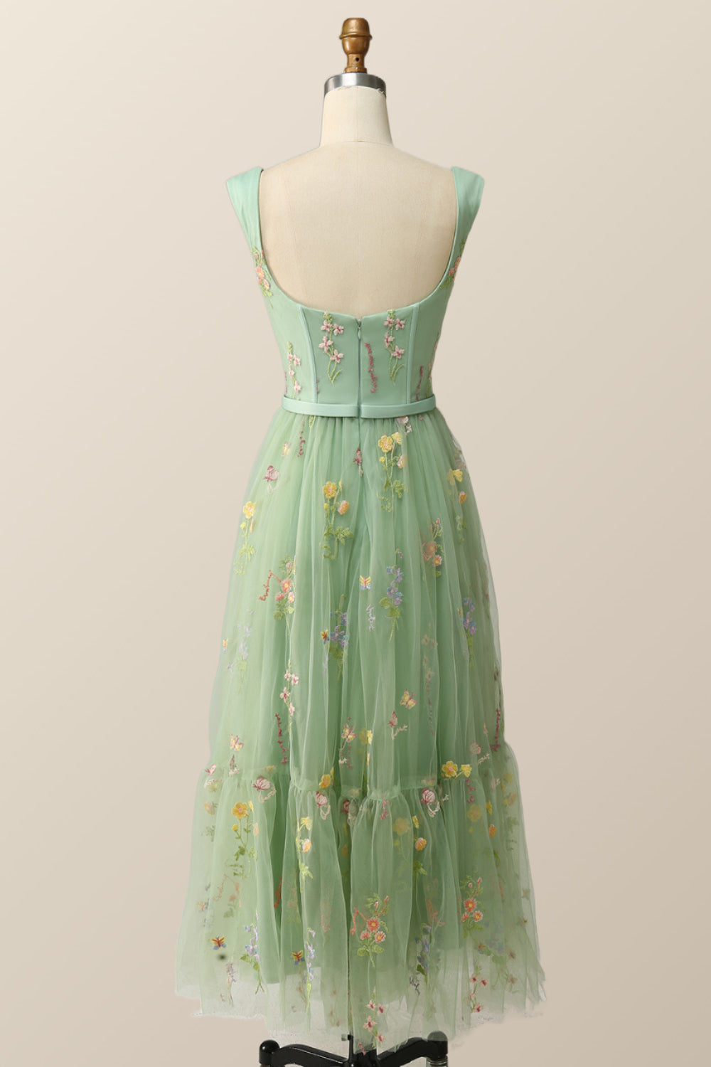 Green Embroidered A-line Midi Dress