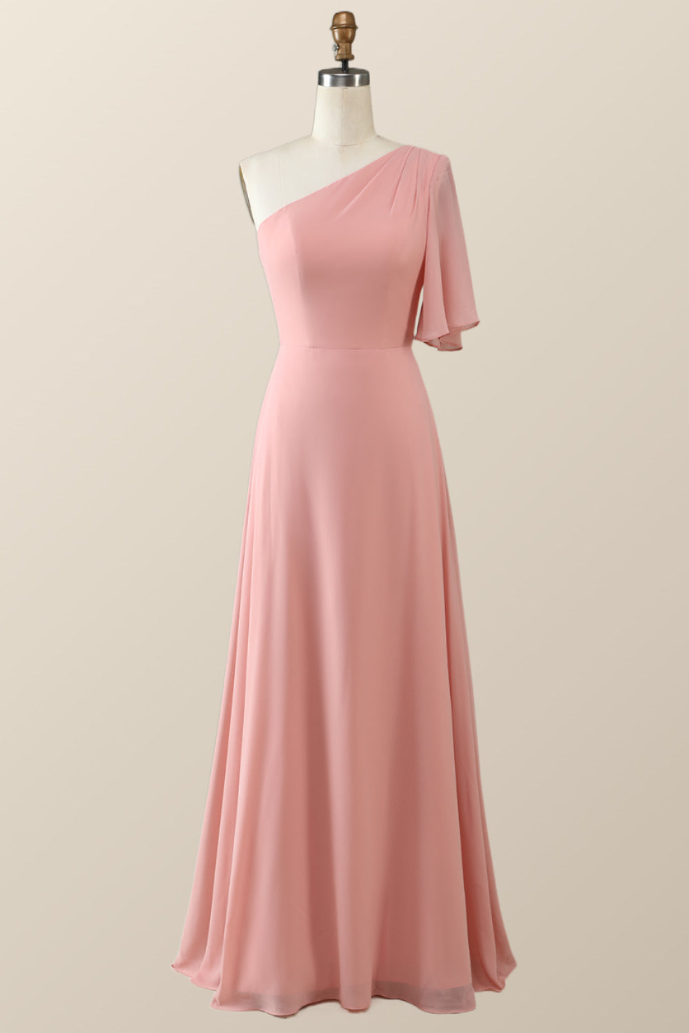 One Shoulder Blue Chiffon Long Bridesmaid Dress