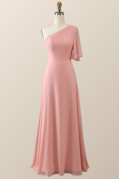 One Shoulder Blue Chiffon Long Bridesmaid Dress