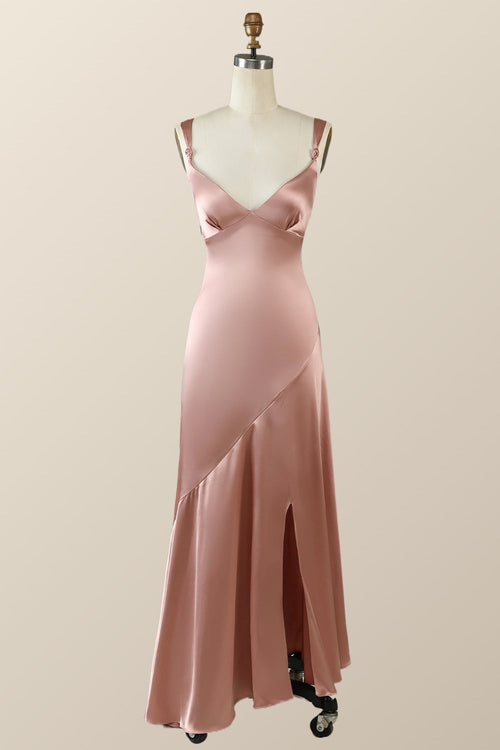 Blush Pink Silk Sheath Long Dress with Slit
