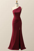 One Shoulder Burgundy Mermaid Long Bridesmaid Dress