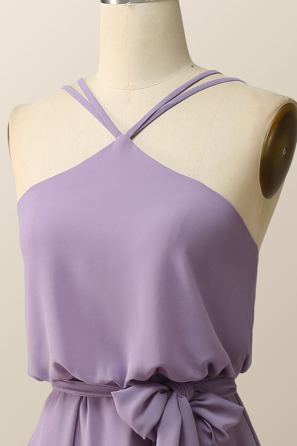 Halter Straps Purple Chiffon Long Bridesmaid Dress