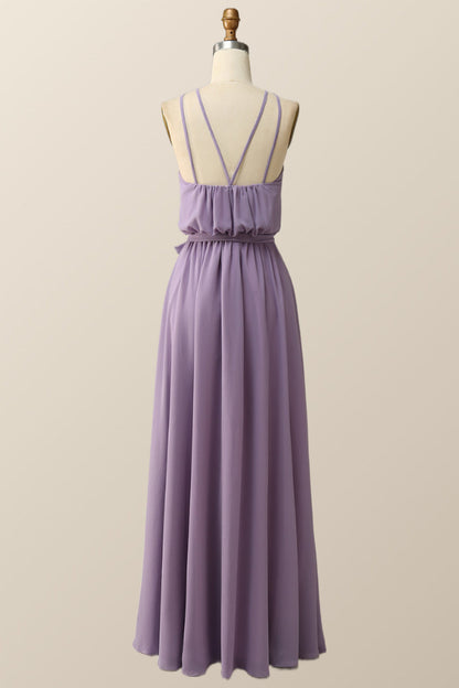 Halter Straps Yellow Chiffon Long Bridesmaid Dress