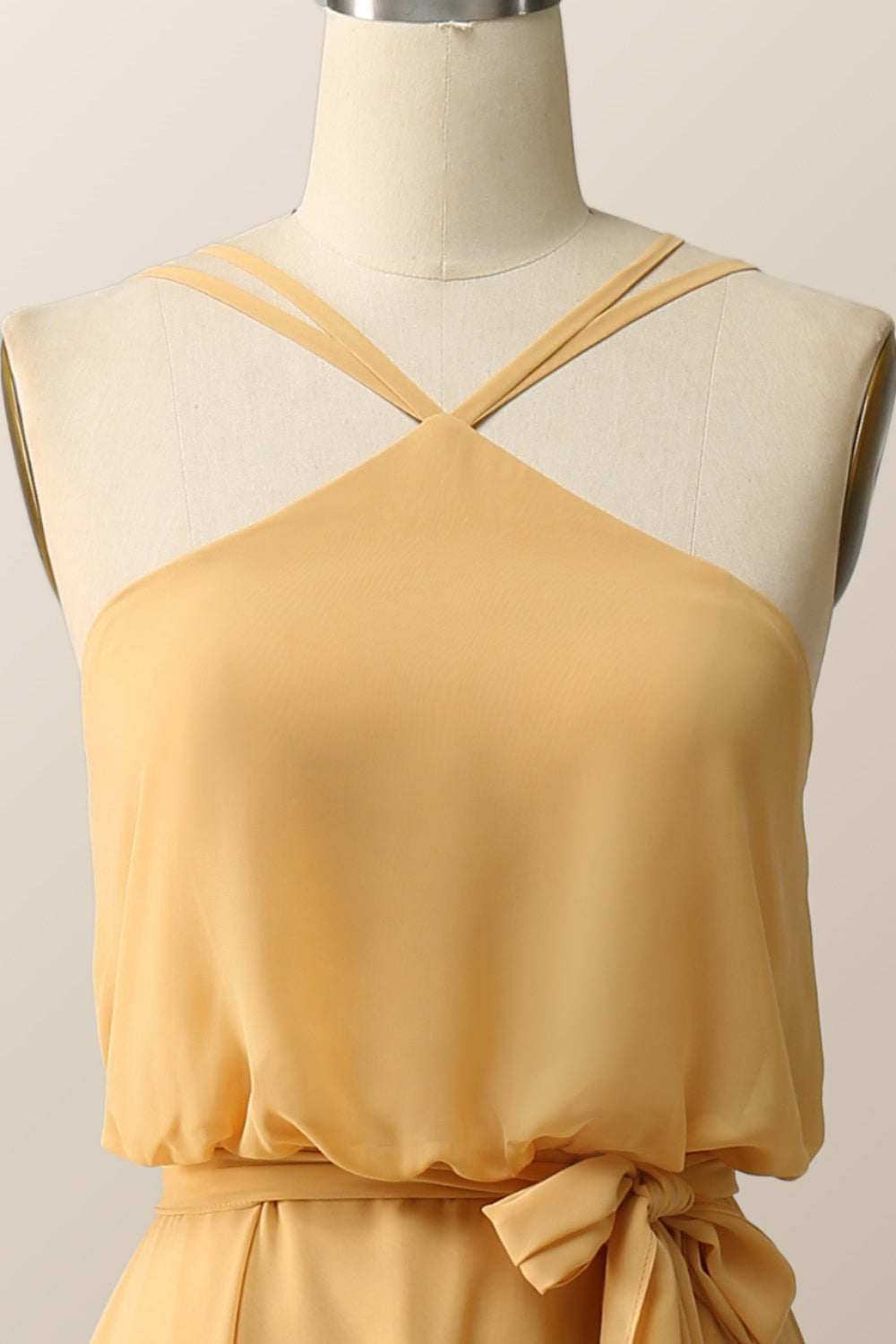 Halter Straps Yellow Chiffon Long Bridesmaid Dress