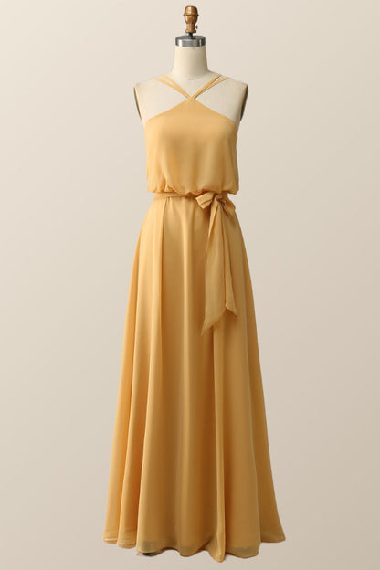 Halter Straps Yellow Chiffon Long Bridesmaid Dress